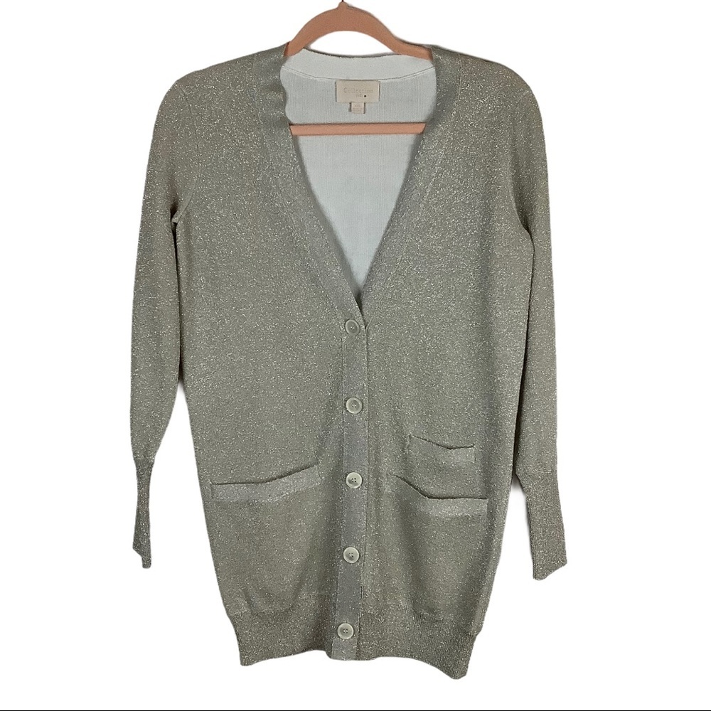 J. Crew Collection cardigan long silver XXS pocket front pockets double sparkly